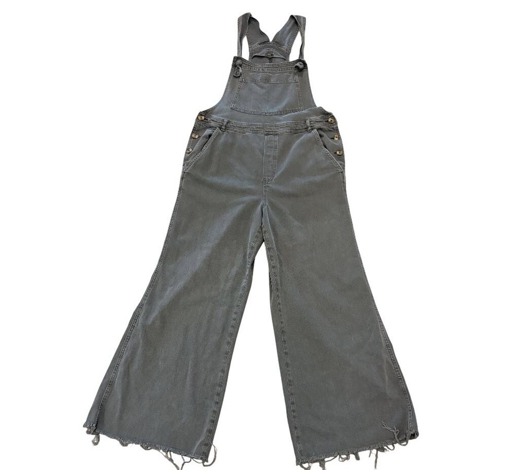 Aerie XL charcoal gray high back wide leg overalls bib flex fabric raw fray hem